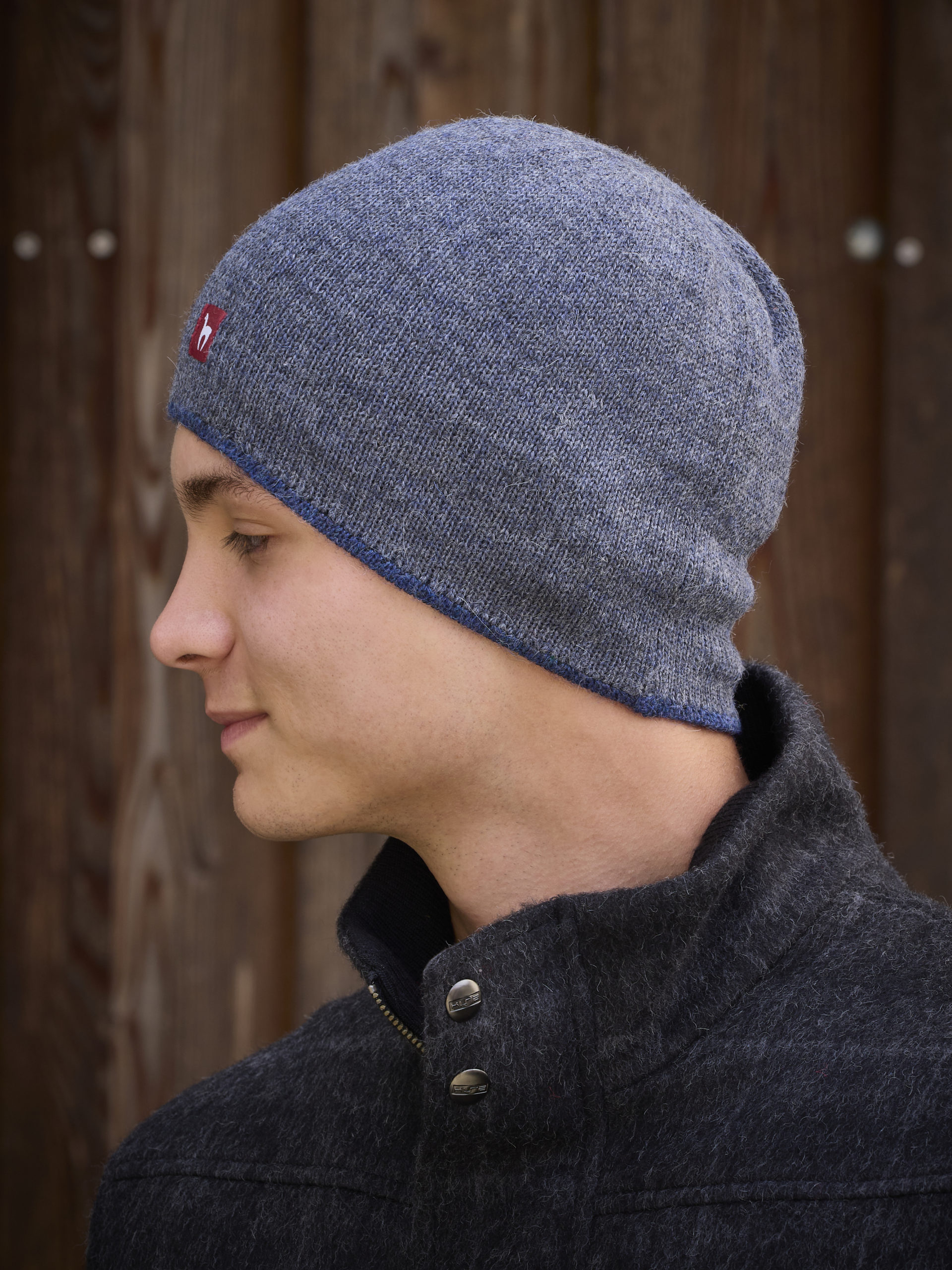 Alpaka Wendemütze in blau und grau