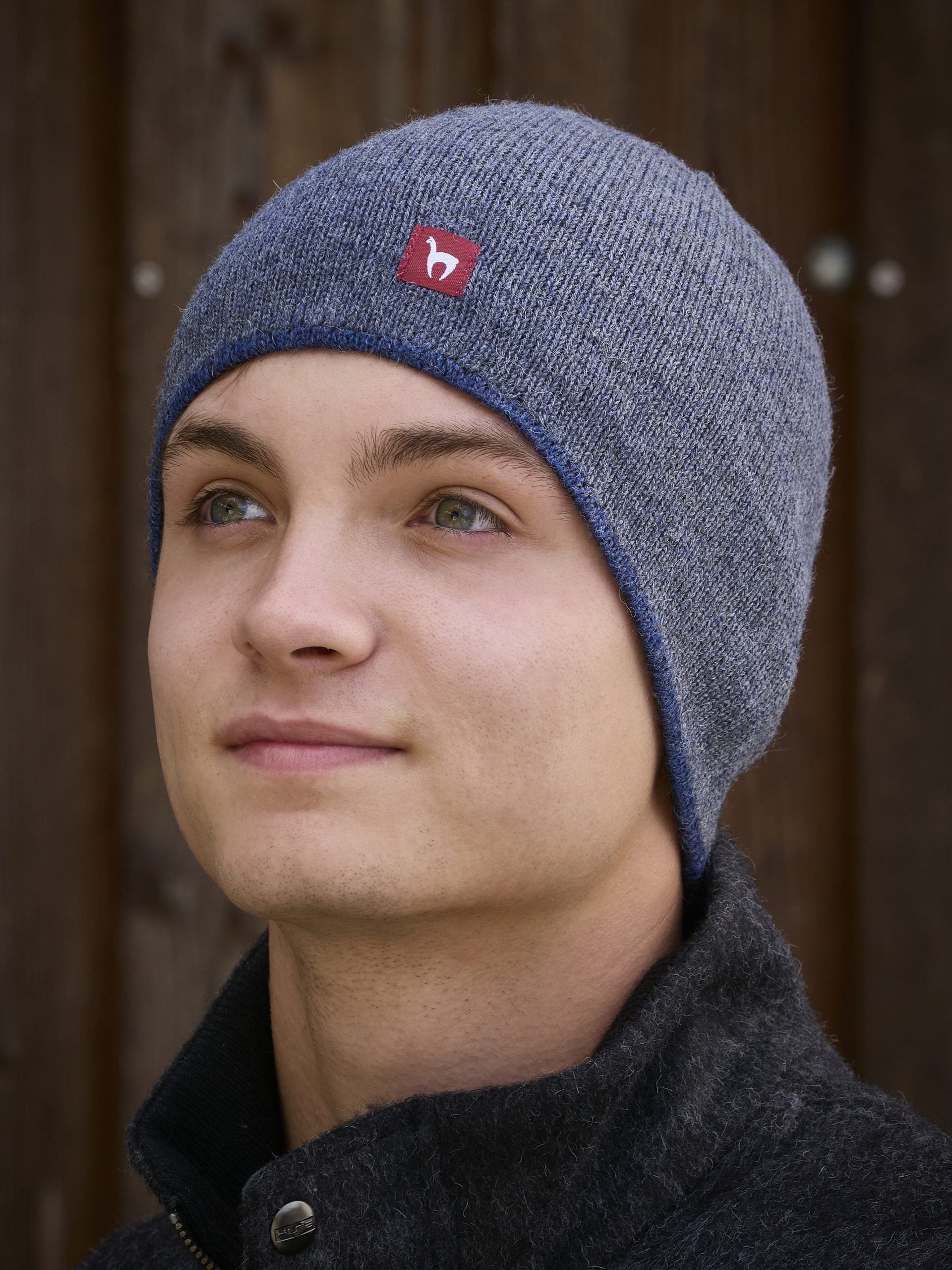 Alpaka Wendemütze in blau und grau
