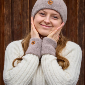 Stirnband und Pulswärmer stretch aus Alpaka in sand