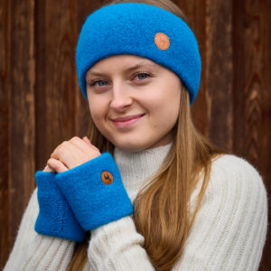 Stirnband stretch und Pulswärmer aus Alpaka in azurblau