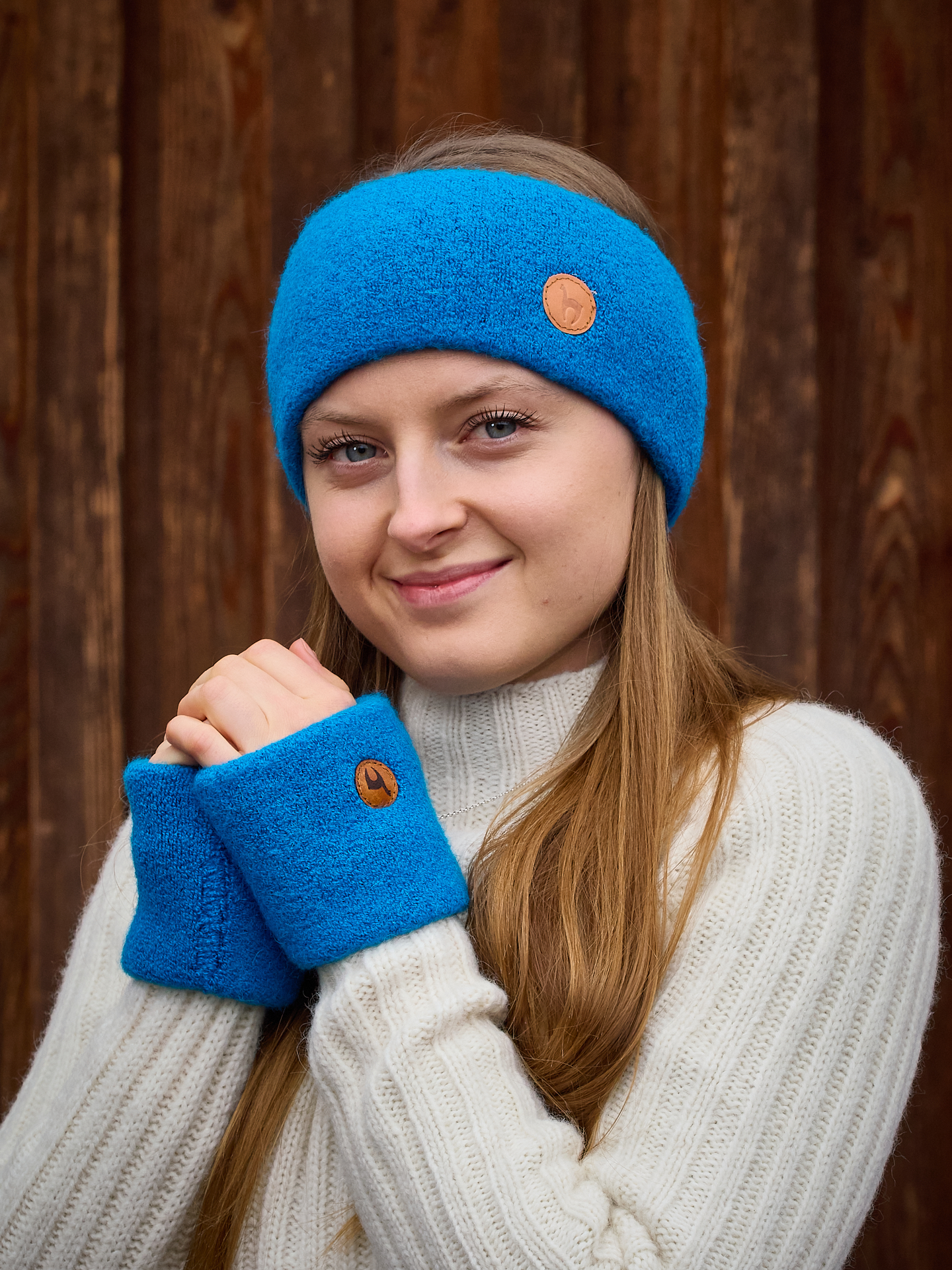 Stirnband stretch und Pulswärmer aus Alpaka in azurblau